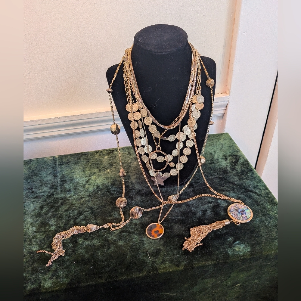 Lot Of 7 Vintage Gold Toned Boho Layering Necklaces